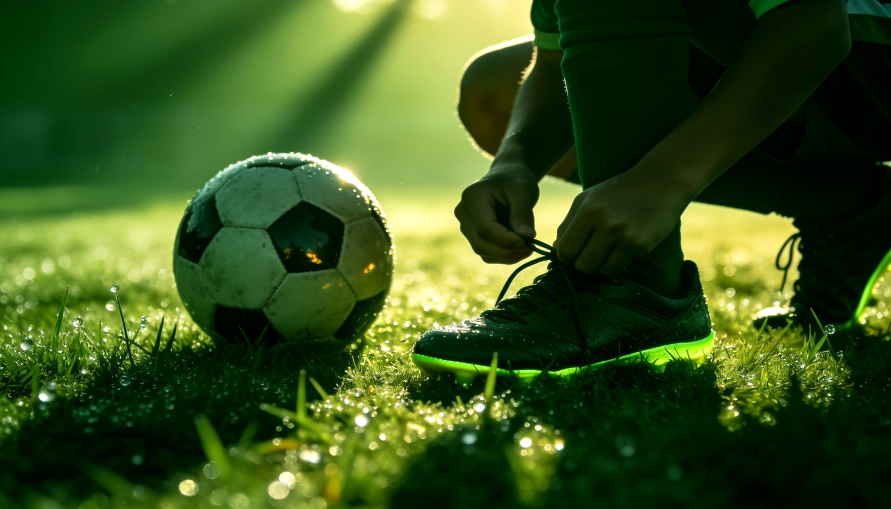 Young soccer player tying lime-soled cleats beside a ball on dewy grass at dawn