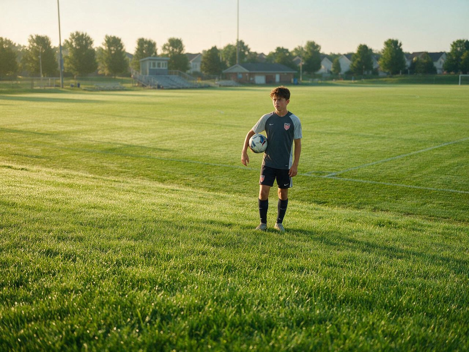Young soccer player standing at the edge of a US suburban soccer field at dawn, a ball under his arm