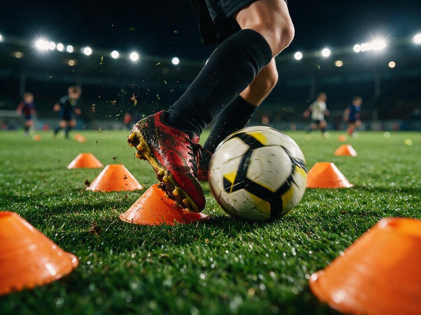 Soccer cleats weaving through training cones on wet grass under a floodlight at night
