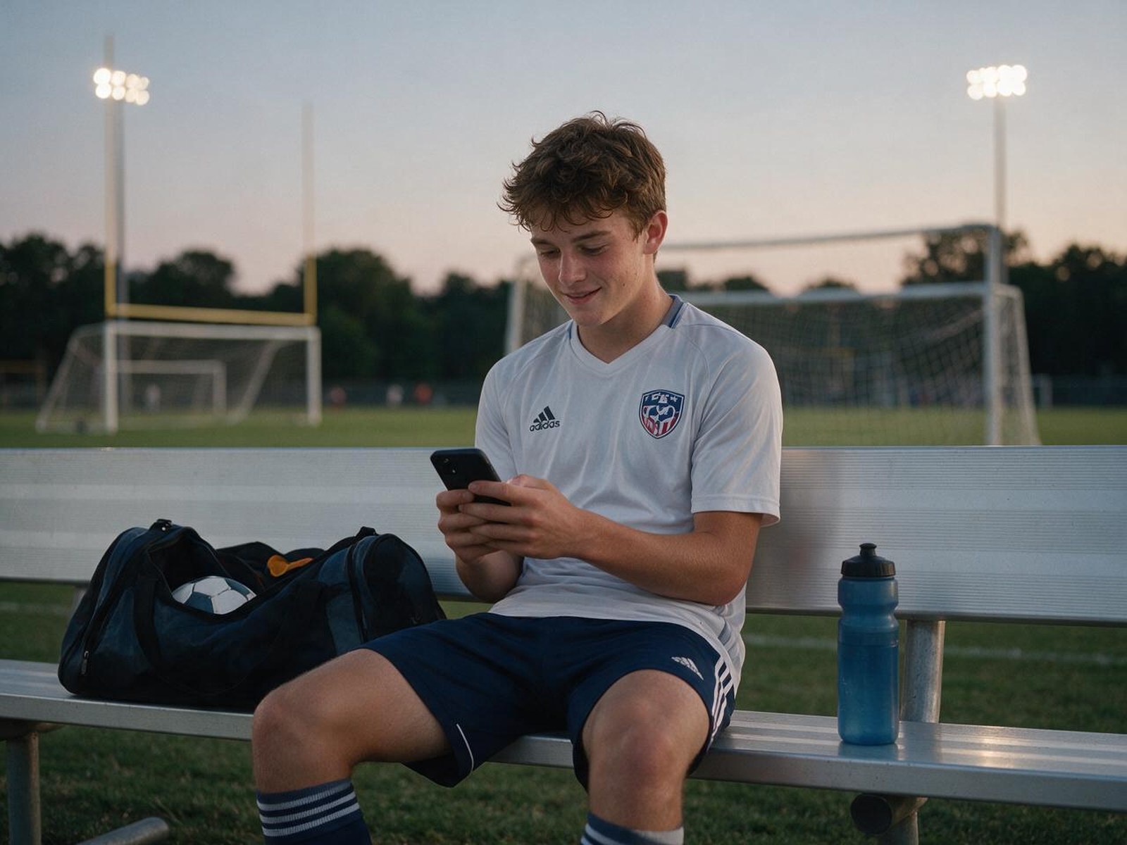 Young soccer player on a bench after night practice, checking his progress on his phone