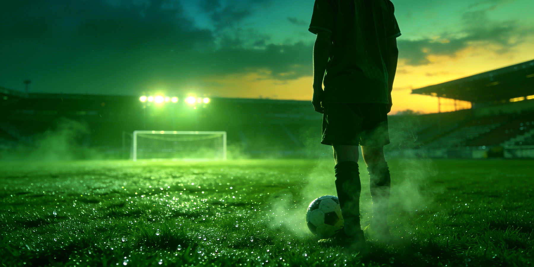 Young soccer player standing over the ball on a floodlit field at dusk