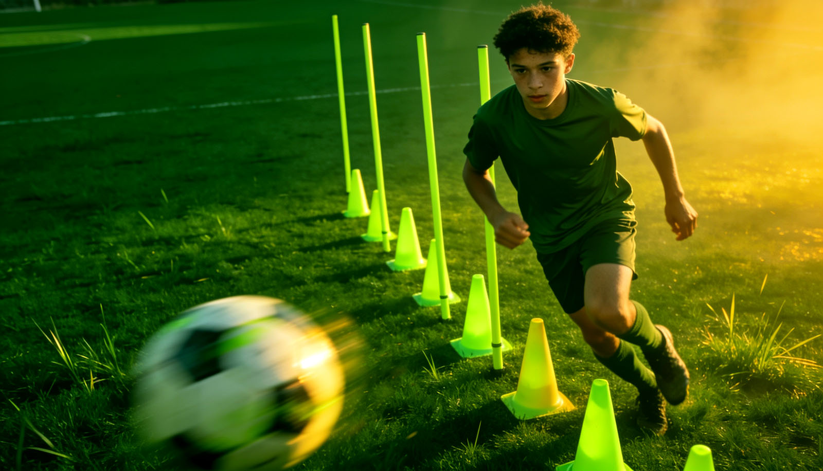 A teenage soccer player dribbling through training cones at golden hour